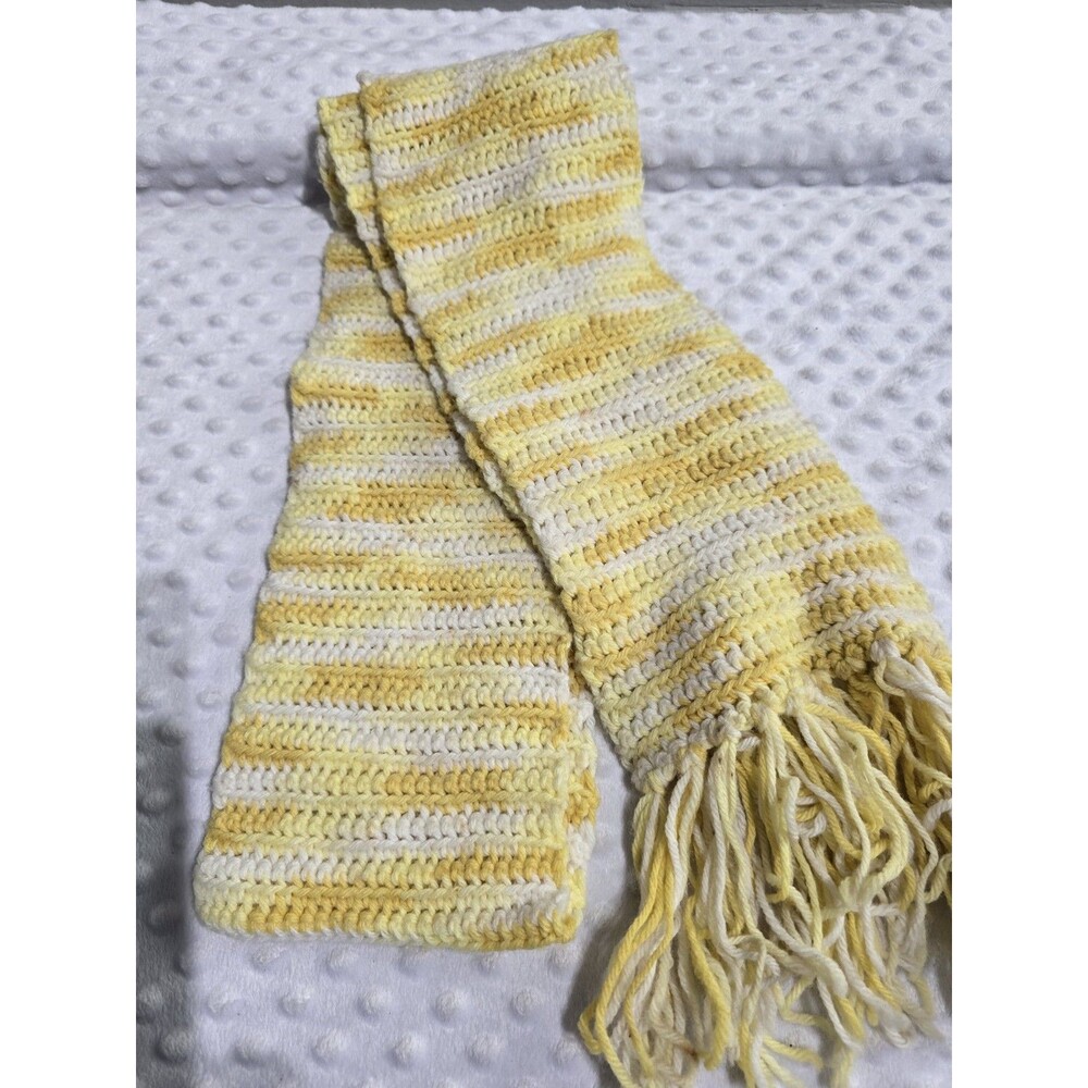 Vintage Handmade Crochet Neck Scarf 72" Yellow Cottagecore Granny Fringe White